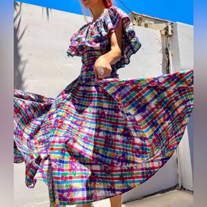 80s Garden Floral Plaid Ruffle Top Midi Dress